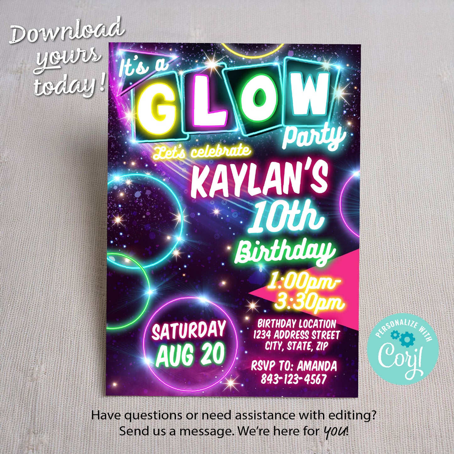 Glow Party Birthday Invitation | Neon Kids Party Invite