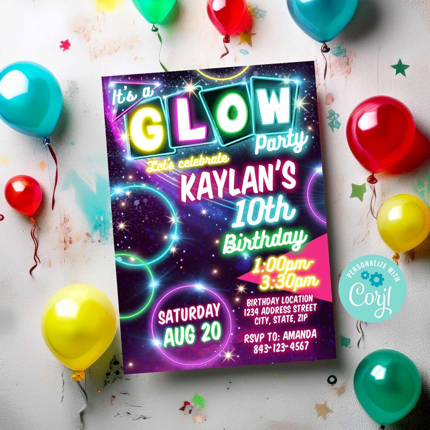 Glow Party Birthday Invitation | Neon Kids Party Invite