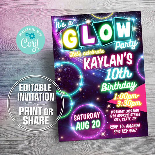 Glow Party Birthday Invitation | Neon Kids Party Invite
