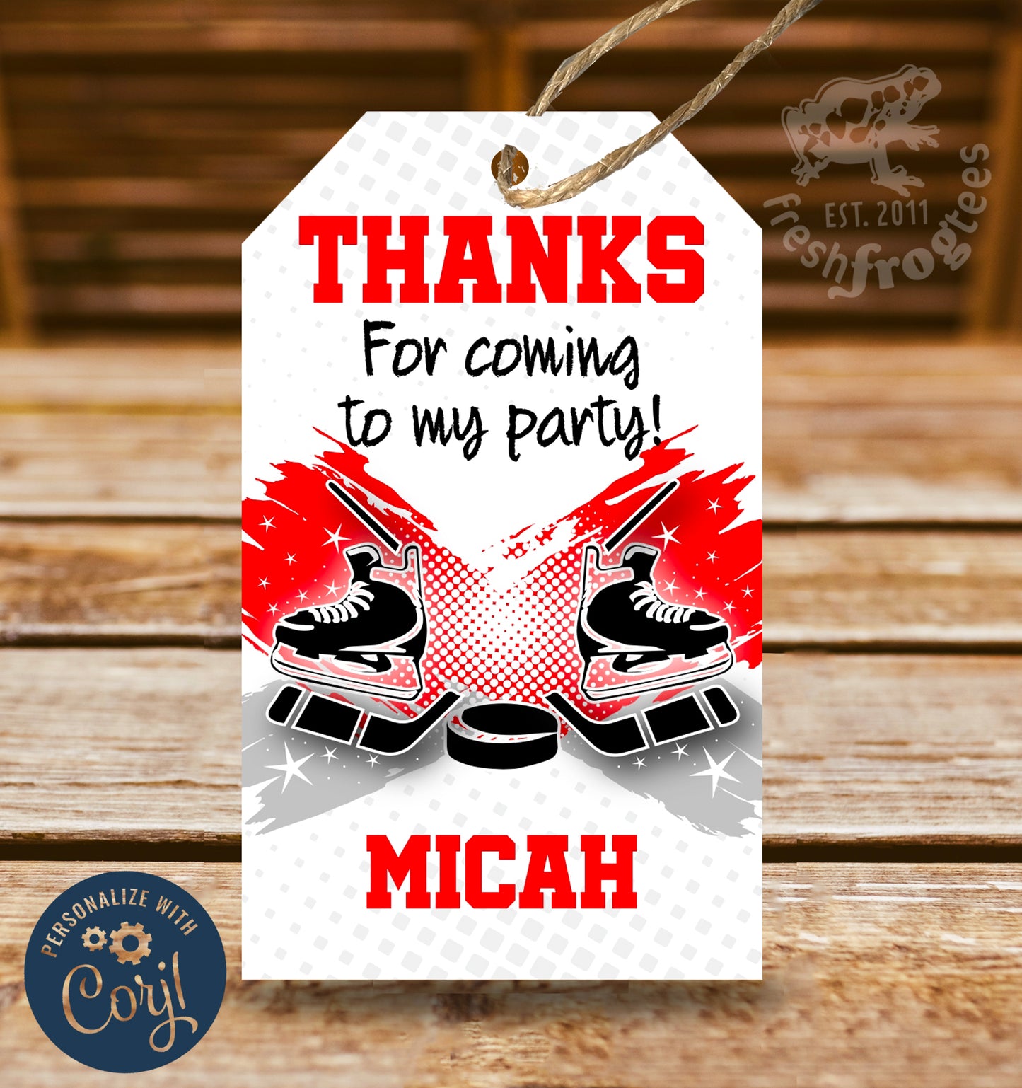 Editable hockey birthday party favor tags featuring a red graphic with hockey sticks and pucks, perfect for kids' celebrations. Instant download and customizable.