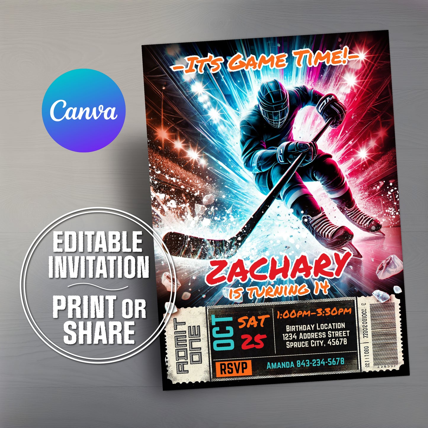 Editable Hockey Birthday Invitation Template | Ice Hockey-Themed Party Invite for Kids