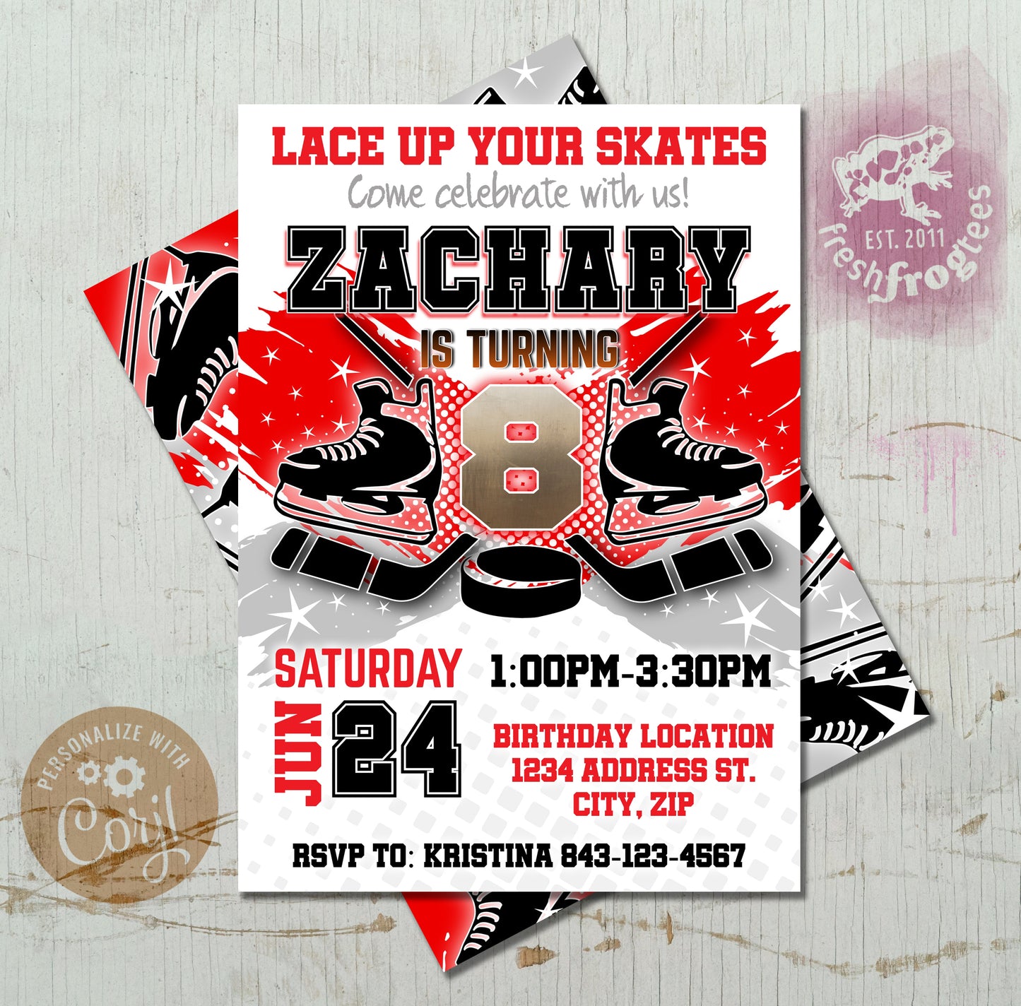 Red hockey birthday invitation template featuring a dynamic design, perfect for kids' birthday parties. Easily customizable and printable.