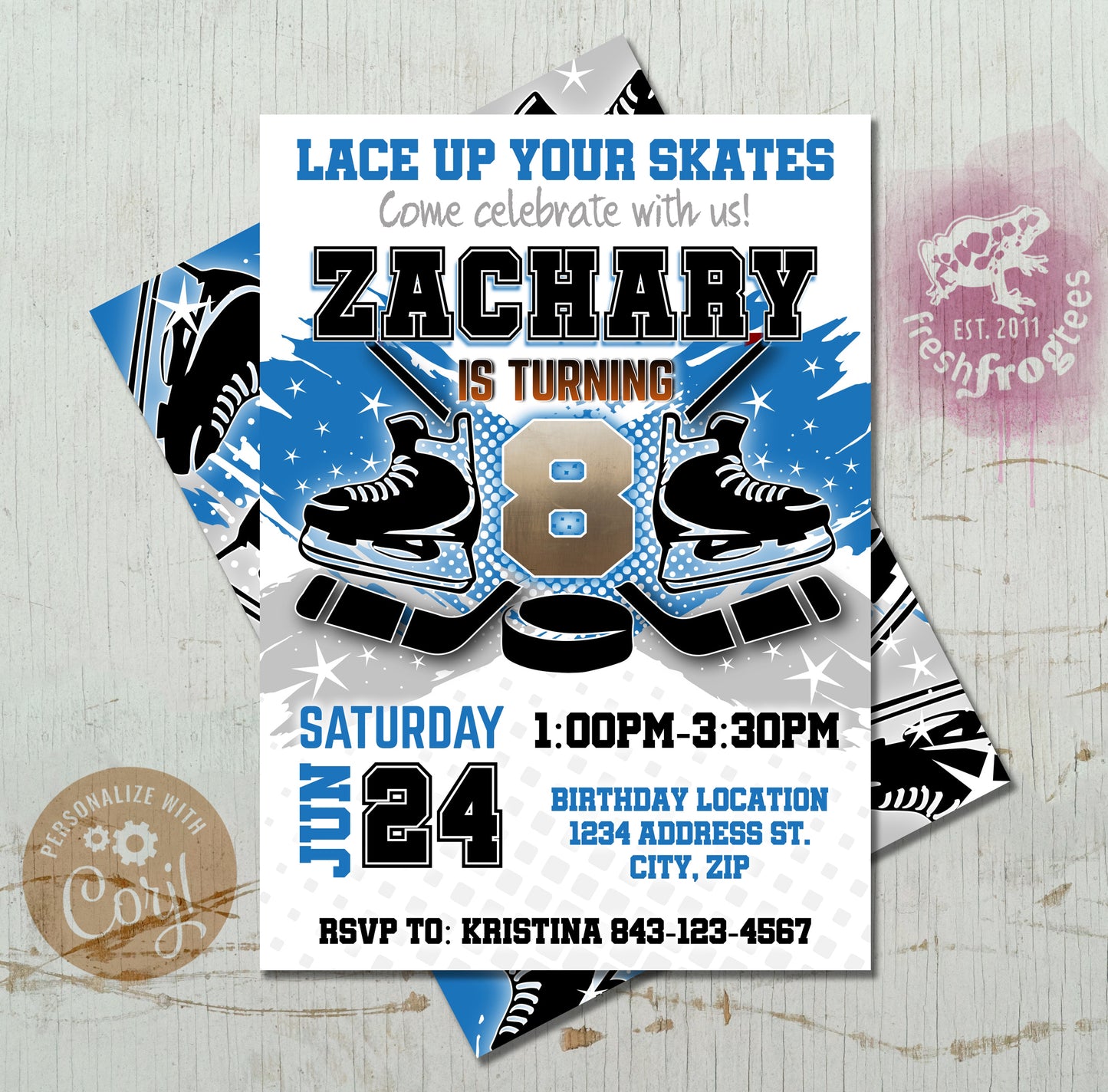 Custom hockey birthday invitation template with hockey sticks and puck on blue background