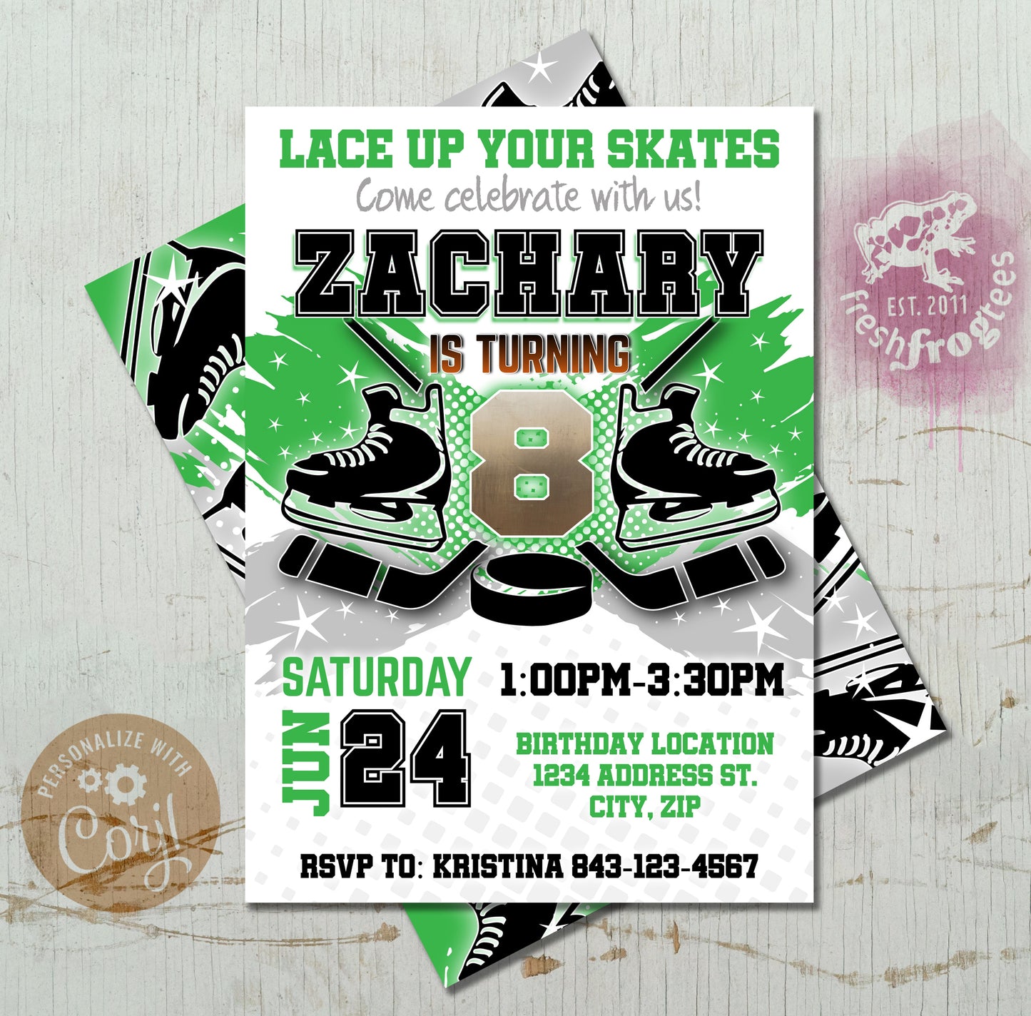 Hockey birthday invitation template with hockey stick and puck on green design background