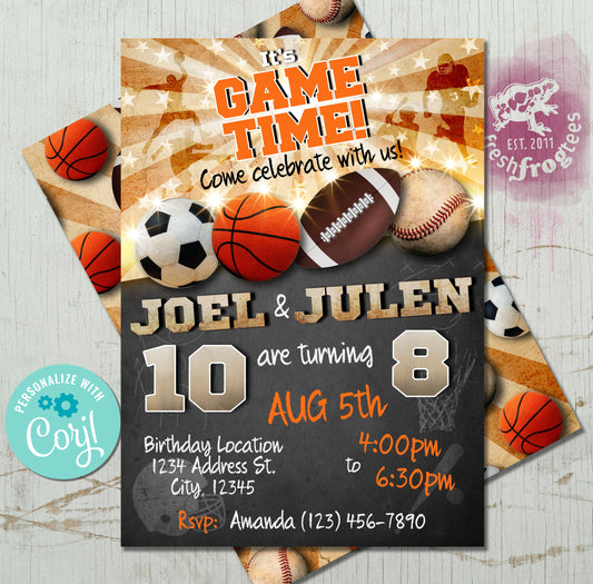 Joint sports birthday invitation football basketball baseball soccer joint invite