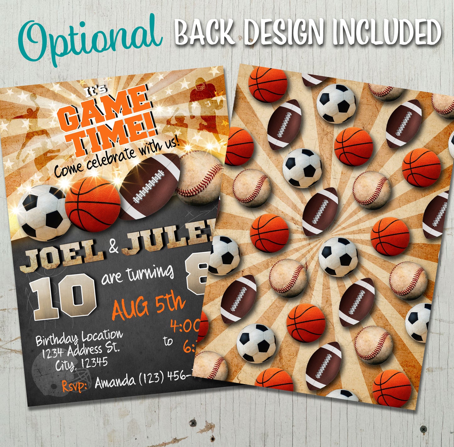 Joint sports birthday invitation football basketball baseball soccer joint invite