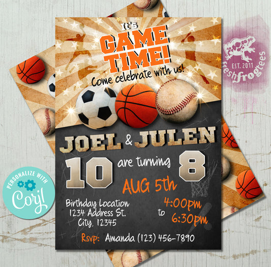 Sports birthday invitation soccer basketball baseball Joint invite