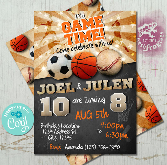 Sports birthday invitation soccer basketball baseball Joint invite - Easy Edit!