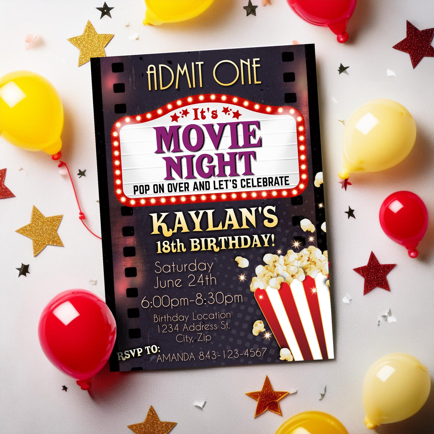 Movie Night Birthday Invitation Template | EASY EDIT!