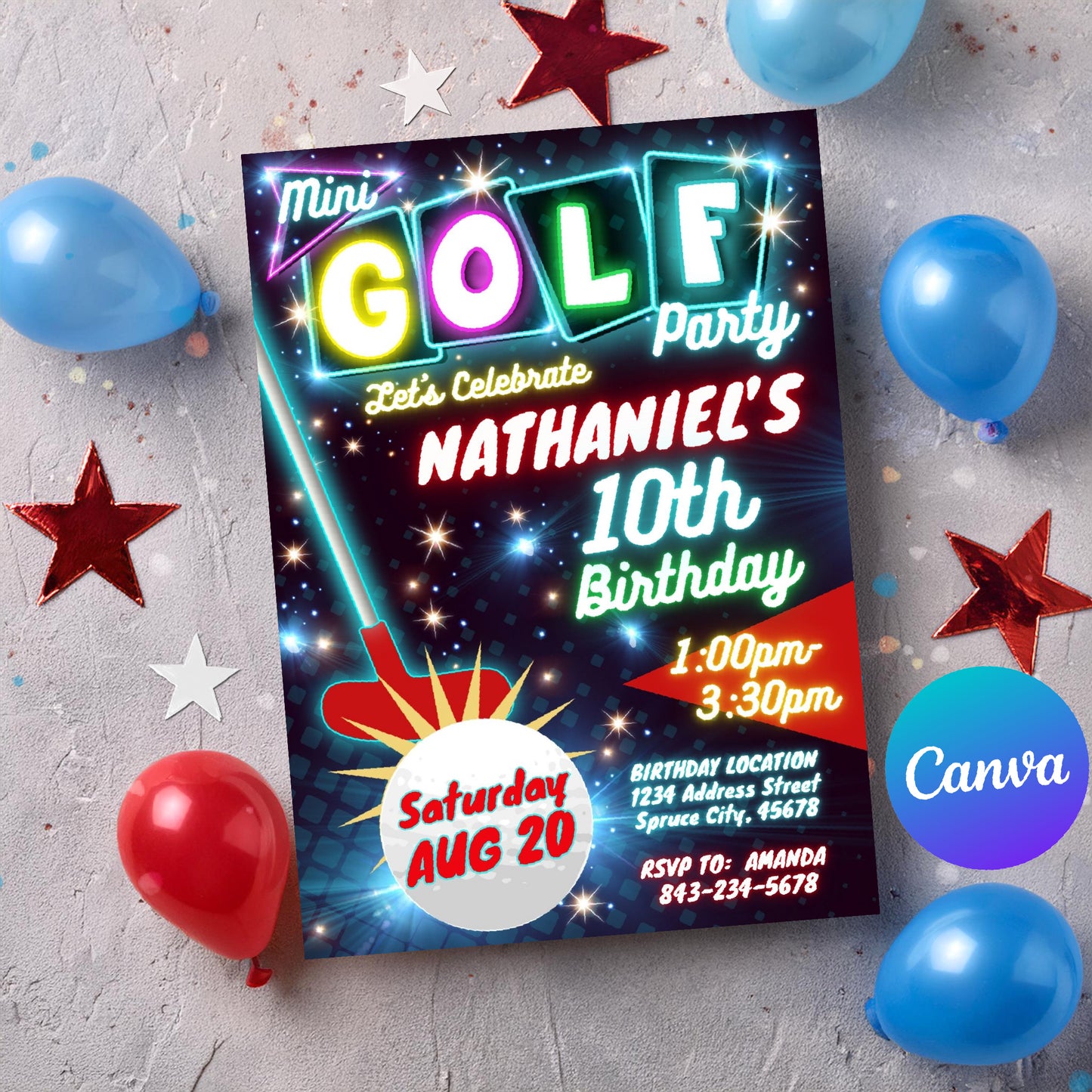 Mini Golf Birthday Invitation - Neon Glow Theme