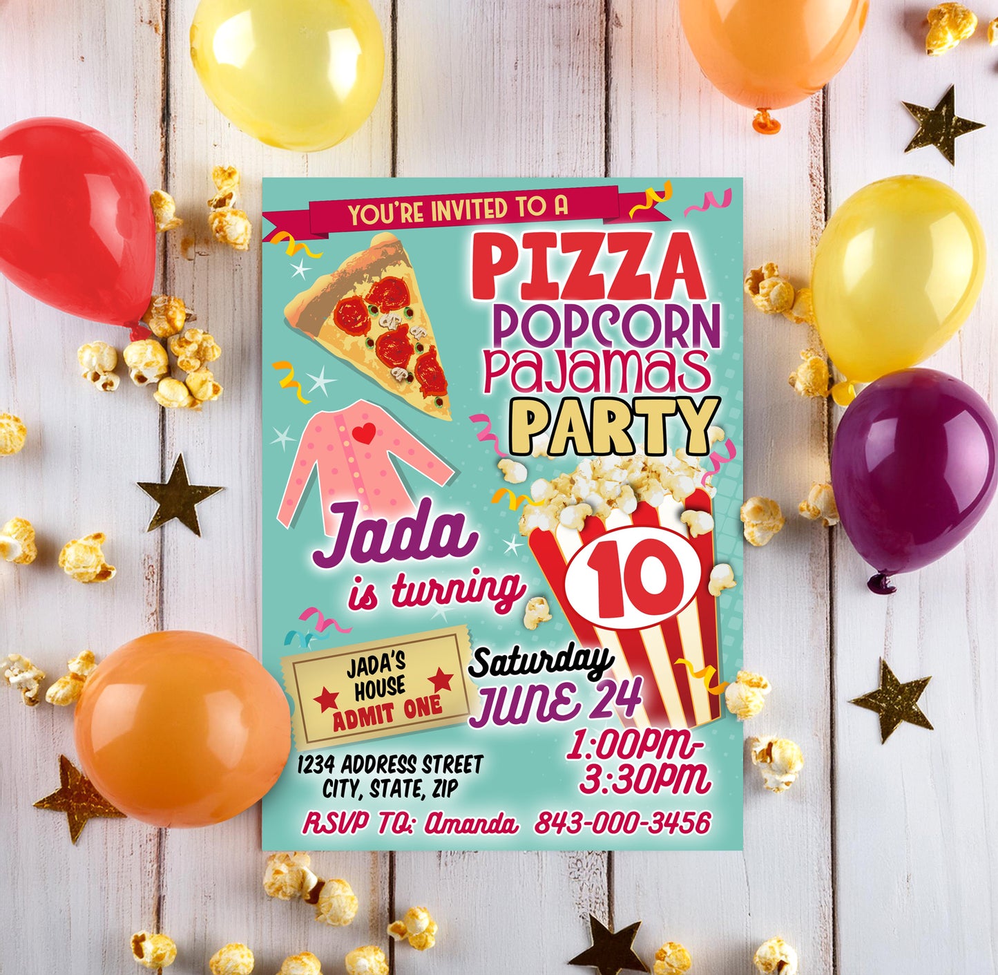Pizza Popcorn Pajamas Birthday Invitation Template