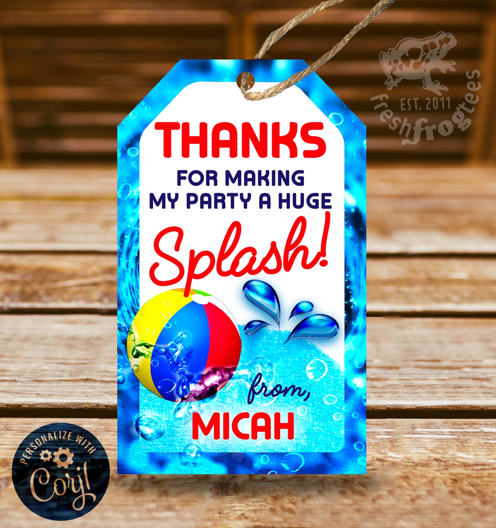 Customizable birthday pool party favor thank you tag template with vibrant design and space for personalization.