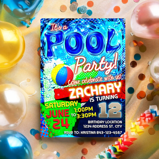 Pool party birthday invite - EASY EDIT!