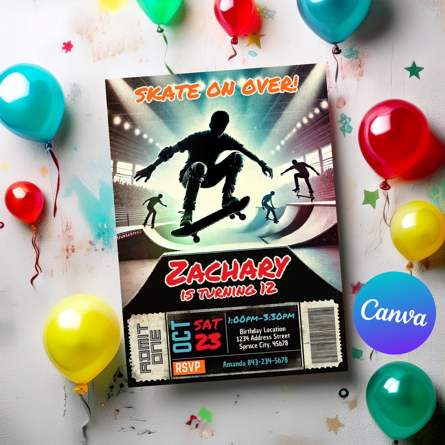Skateboard birthday invite editable digital invite | Edit in CANVA