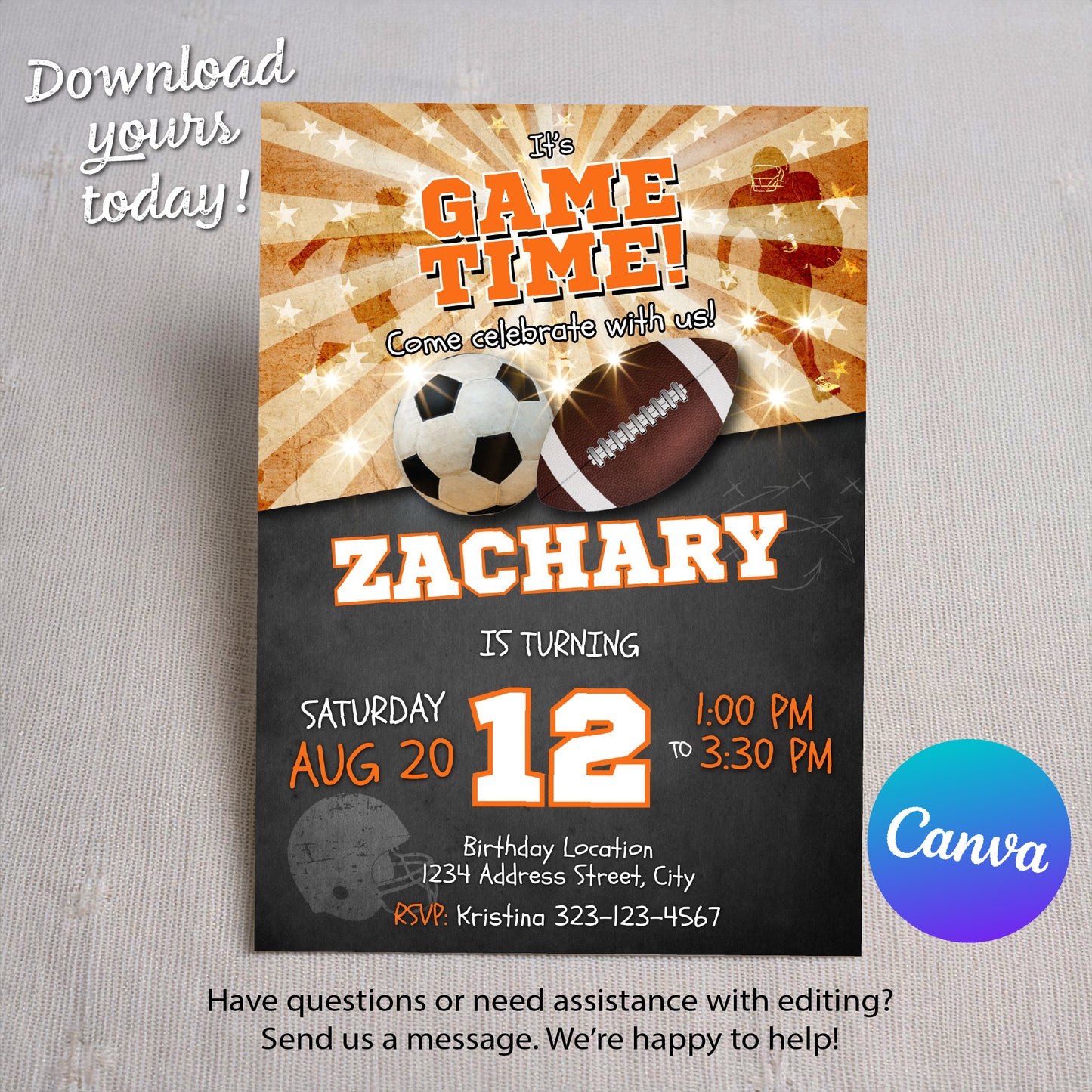Sports birthday invitation digital download Soccer Football
