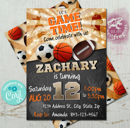 Sports birthday invite soccer basketball football