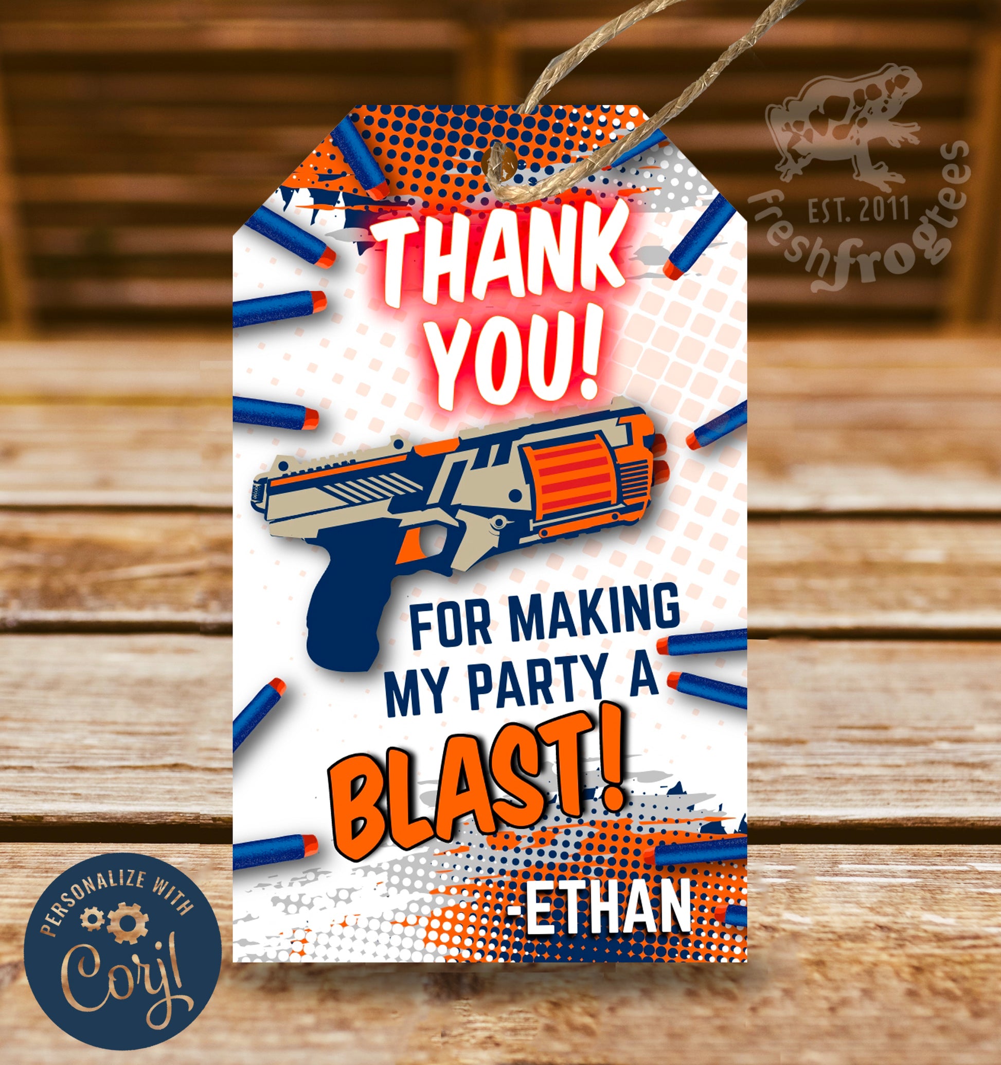 Printable and customizable dart gun party favor thank you tag template.