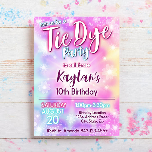 Tie dye birthday invite printable digital invitation