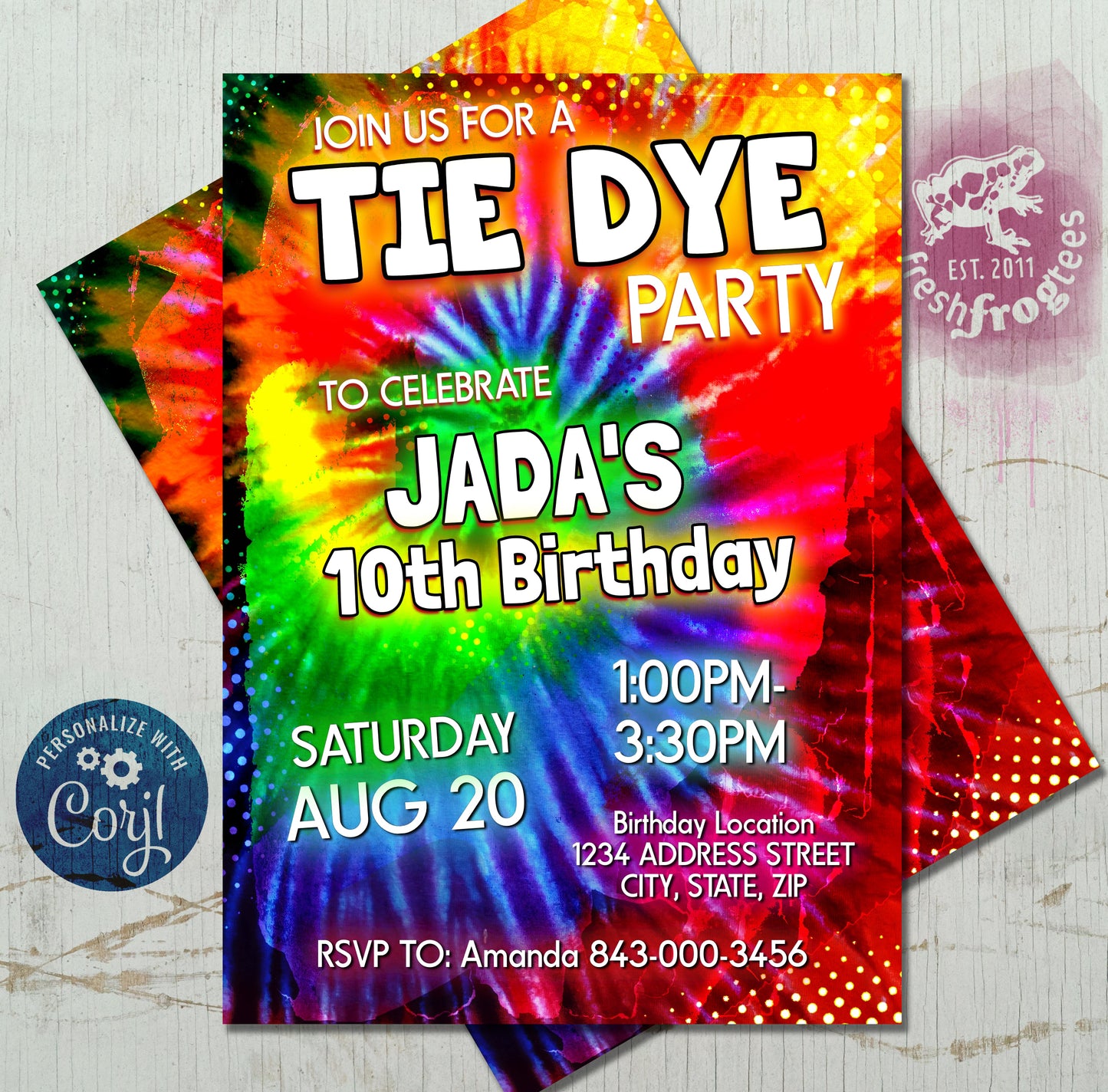 Tie Dye Birthday Invitation rsvp-Easy Edit!
