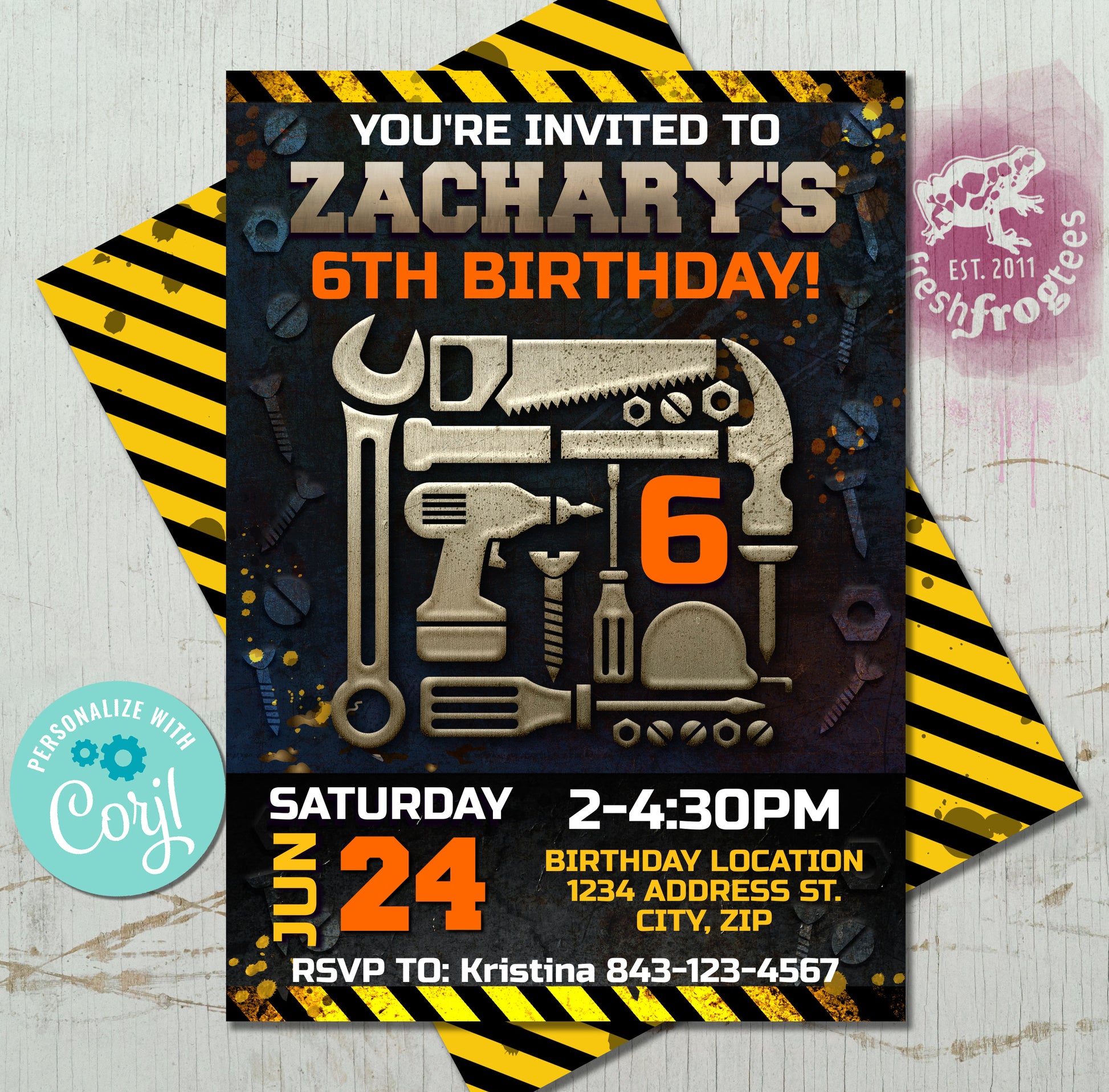 Colorful Assorted Tools Construction Birthday Invitation Template featuring hammers, wrenches, perfect for kids' DIY-themed parties.