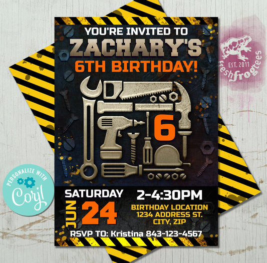 Colorful Assorted Tools Construction Birthday Invitation Template featuring hammers, wrenches, perfect for kids' DIY-themed parties.