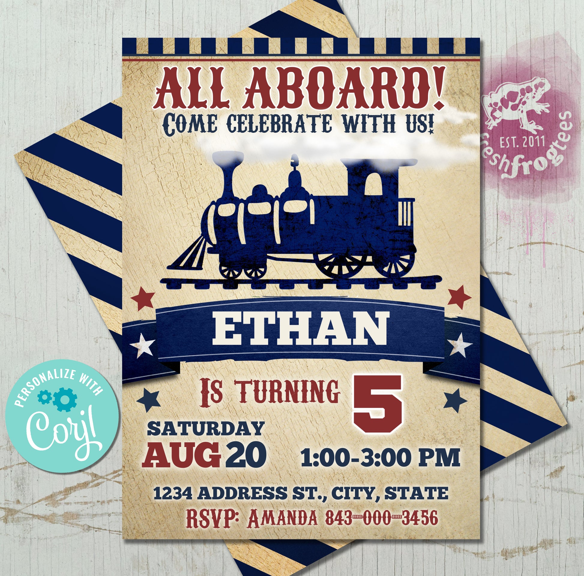 Vintage train birthday invitation template with rustic design, customizable for a child's birthday party.