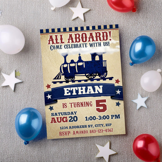 Vintage Locomotive Train Birthday Invitation Template