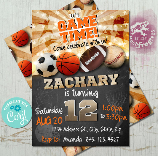 Assorted sports birthday invitation digital download