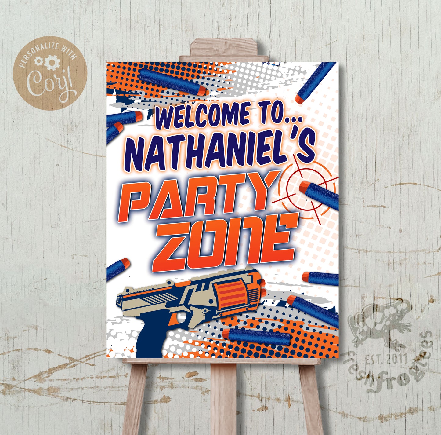 Editable Dart Gun Party Welcome Sign Poster in Orange and Blue Theme - Perfect for Kids' Parties