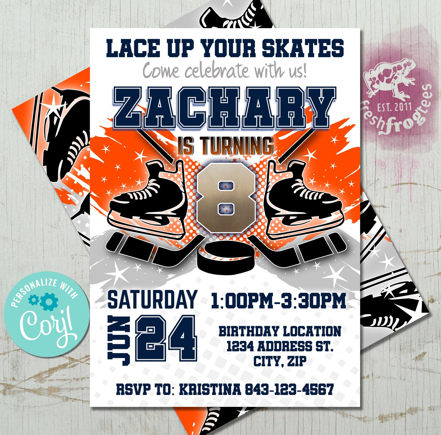 Custom Hockey Birthday Invitation Template with Orange Sports Theme