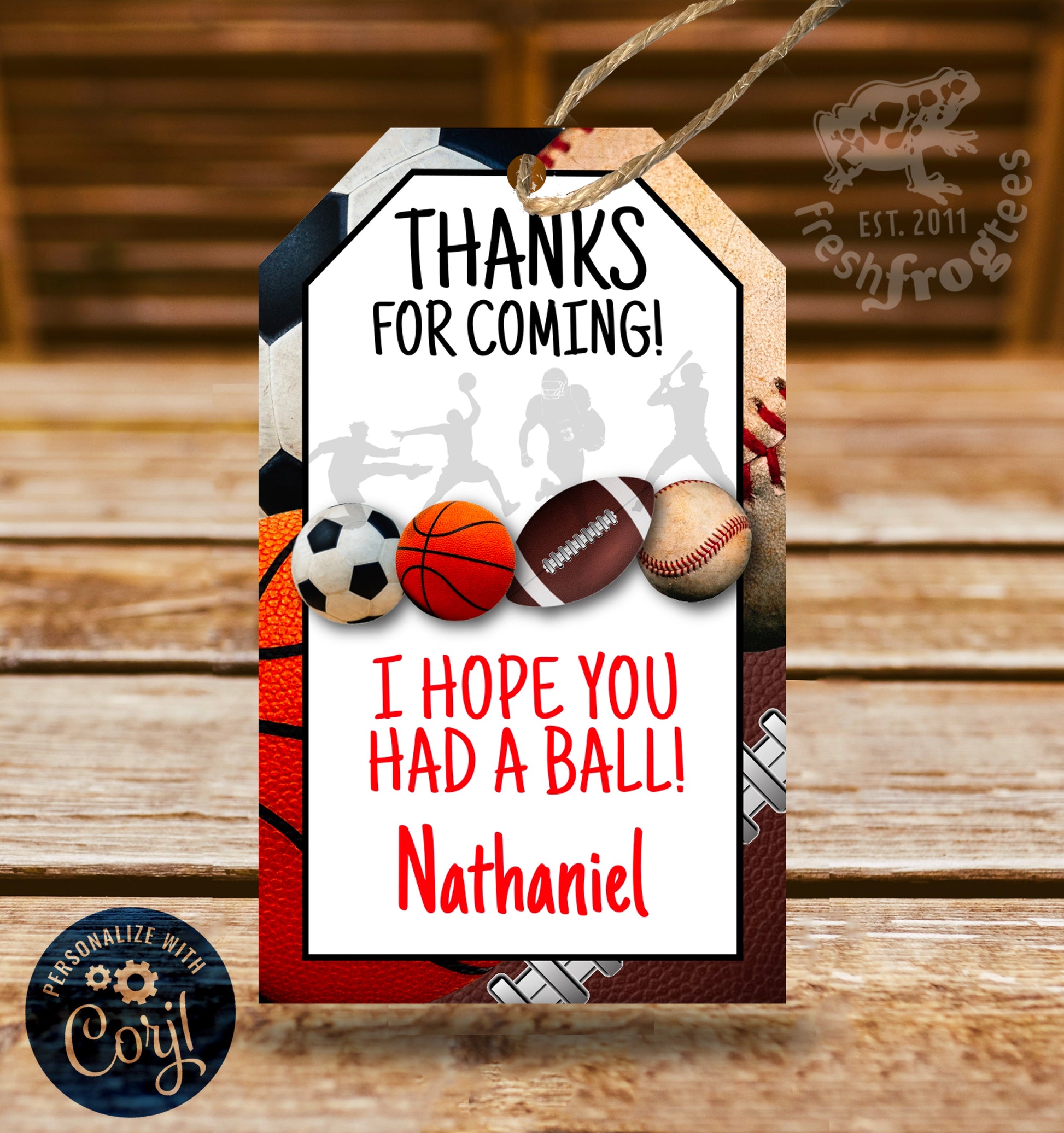 Customizable birthday assorted sports favor thank you tags featuring designs of football, soccer, baseball, basketball, and more. Personalize with child's name and party details. Perfect for sports-themed parties!
