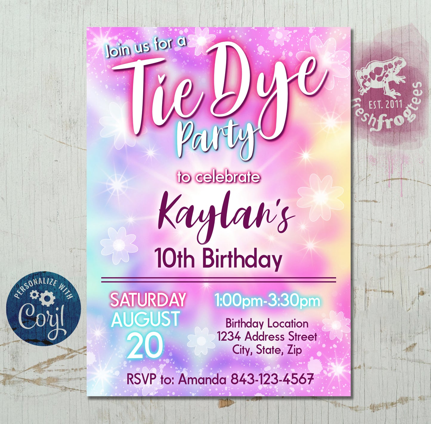 Tie dye birthday invite printable digital invitation