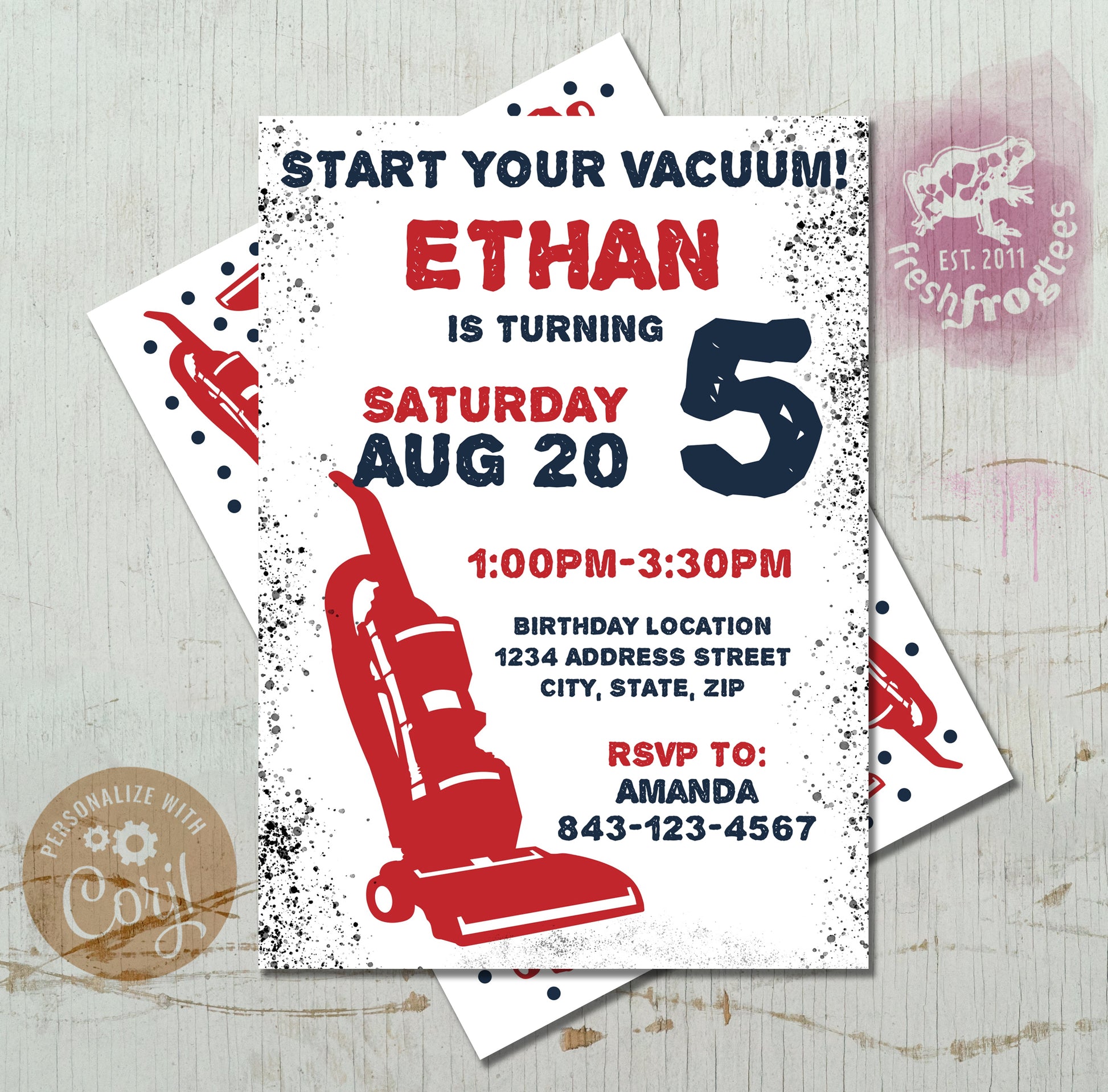 Vacuum cleaner birthday invitation template with adorable red vacuum cleaner design, editable and printable