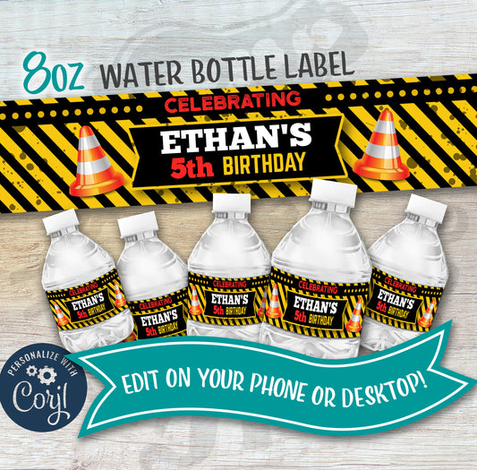 Construction Party Water Bottle Label Template DIY printable.