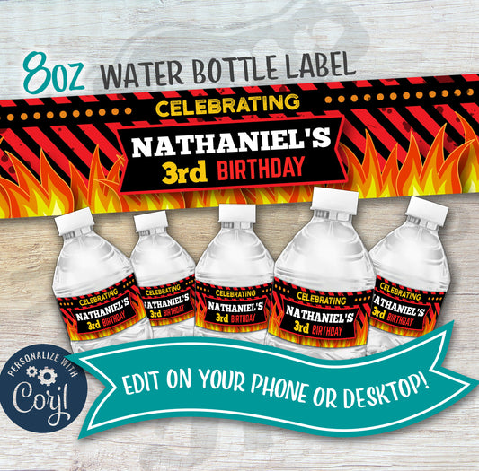 Colorful Firefighter Party Water Bottle Label Template Fireman Design