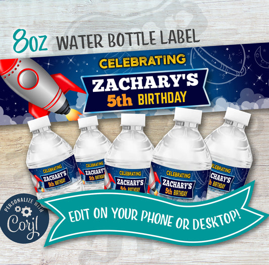 Rocket Party Water Bottle Labels - Fun and customizable design for birthdays and special events.