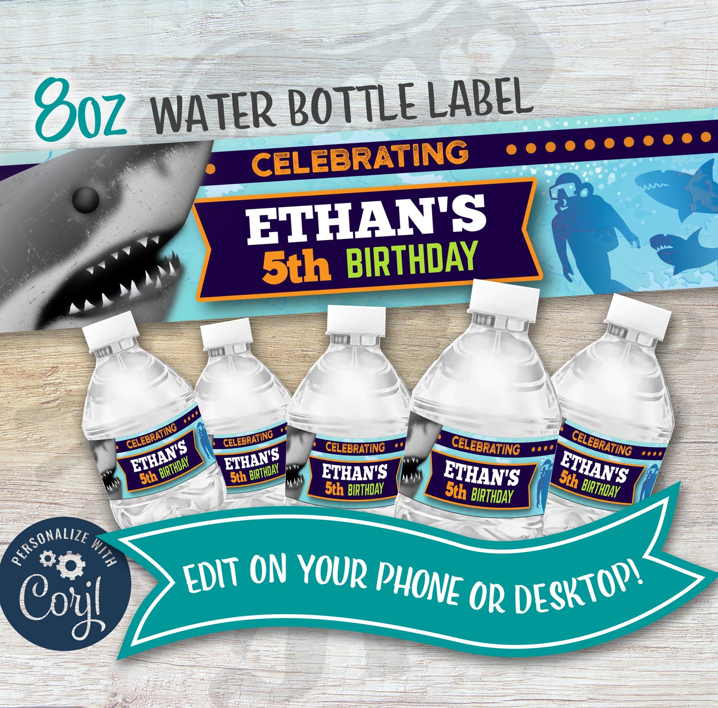 Shark water bottle label template featuring customizable design for parties