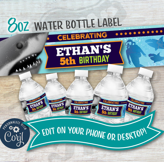 Shark water bottle label template featuring customizable design for parties