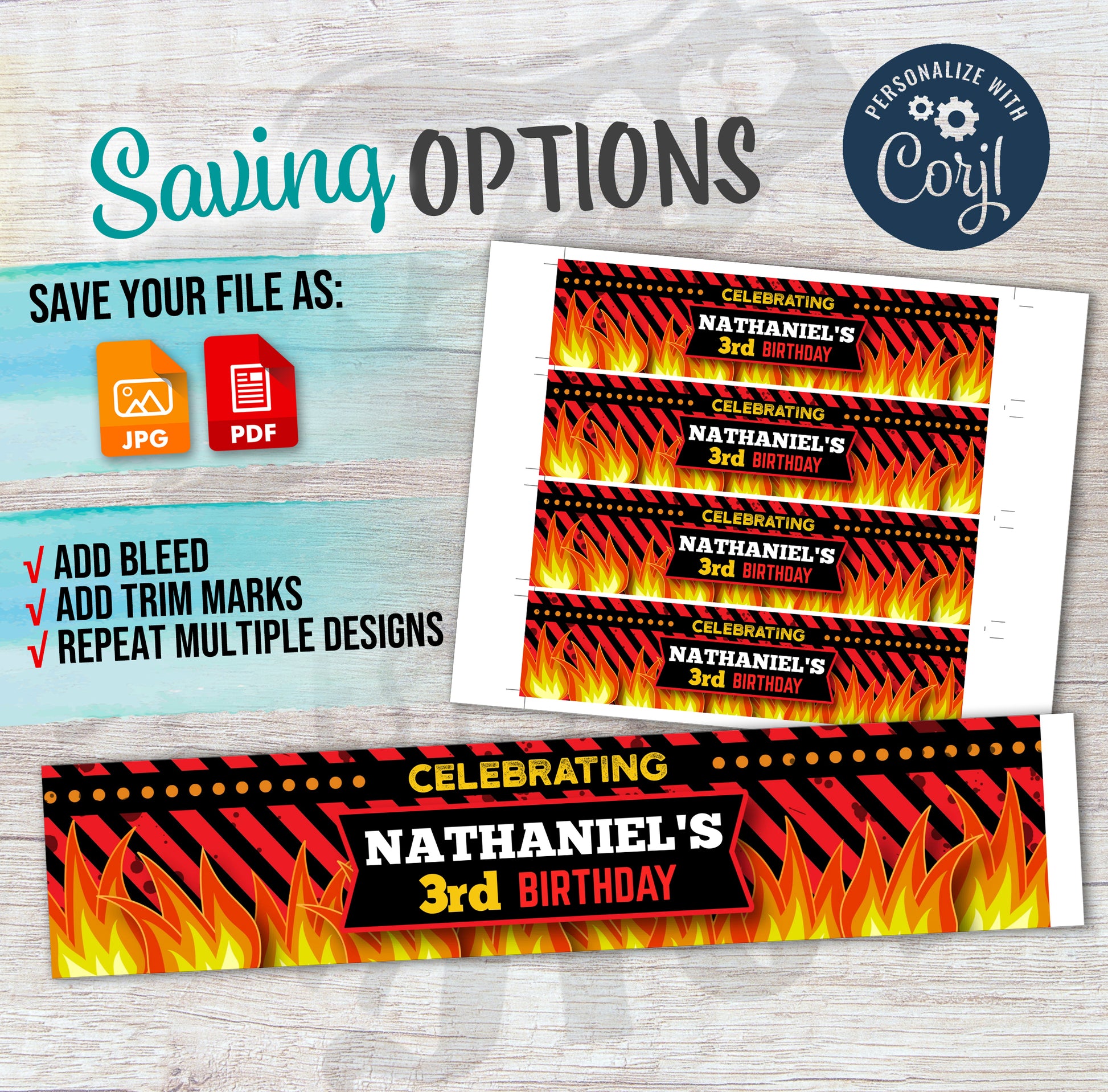 fireman fire water bottle label saving options