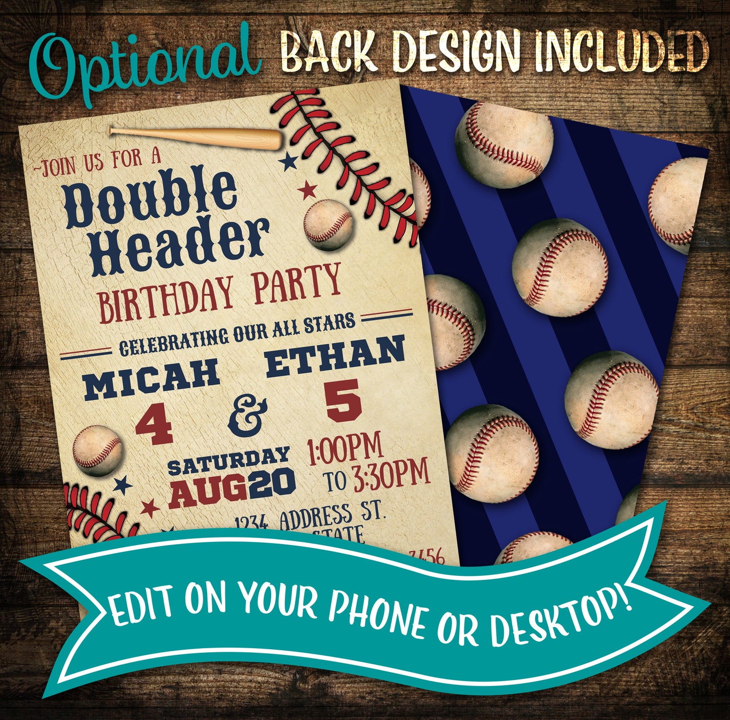 Double Header Joint Baseball Birthday Invitation Template