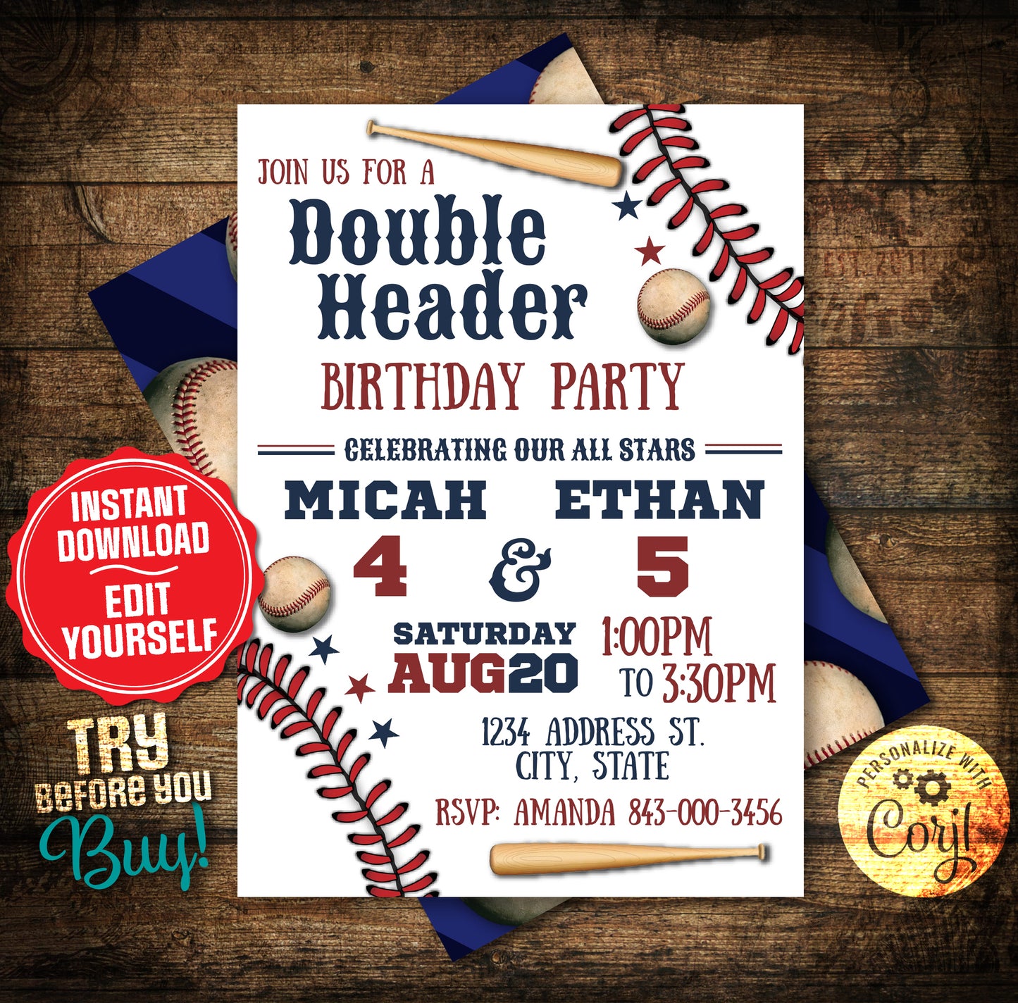 Vintage Double Header Baseball Birthday Invitation for Joint Celebrations - Classic Design