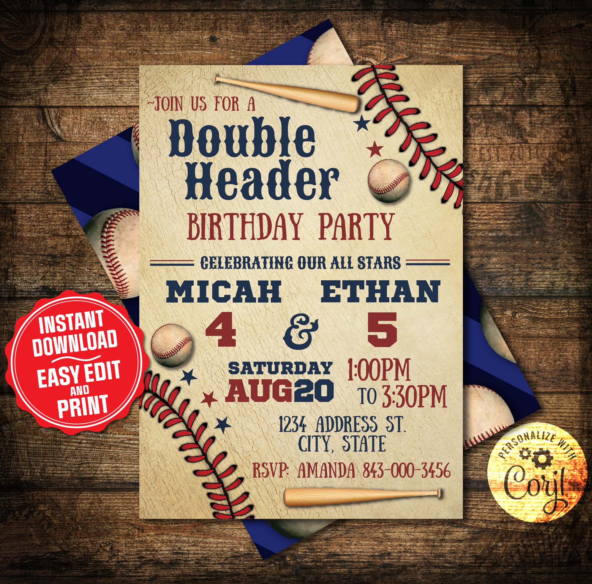 Vintage Double Header Joint Baseball Birthday Invitation Template - Classic Design for Two Kids - Baseball Themed Party Invite