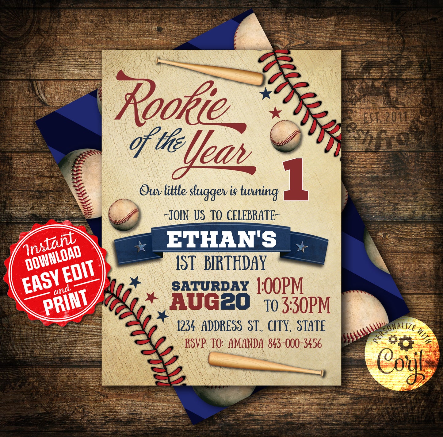 Classic Rookie of the Year Baseball Birthday Invitation Template for First Birthday with Vintage Theme