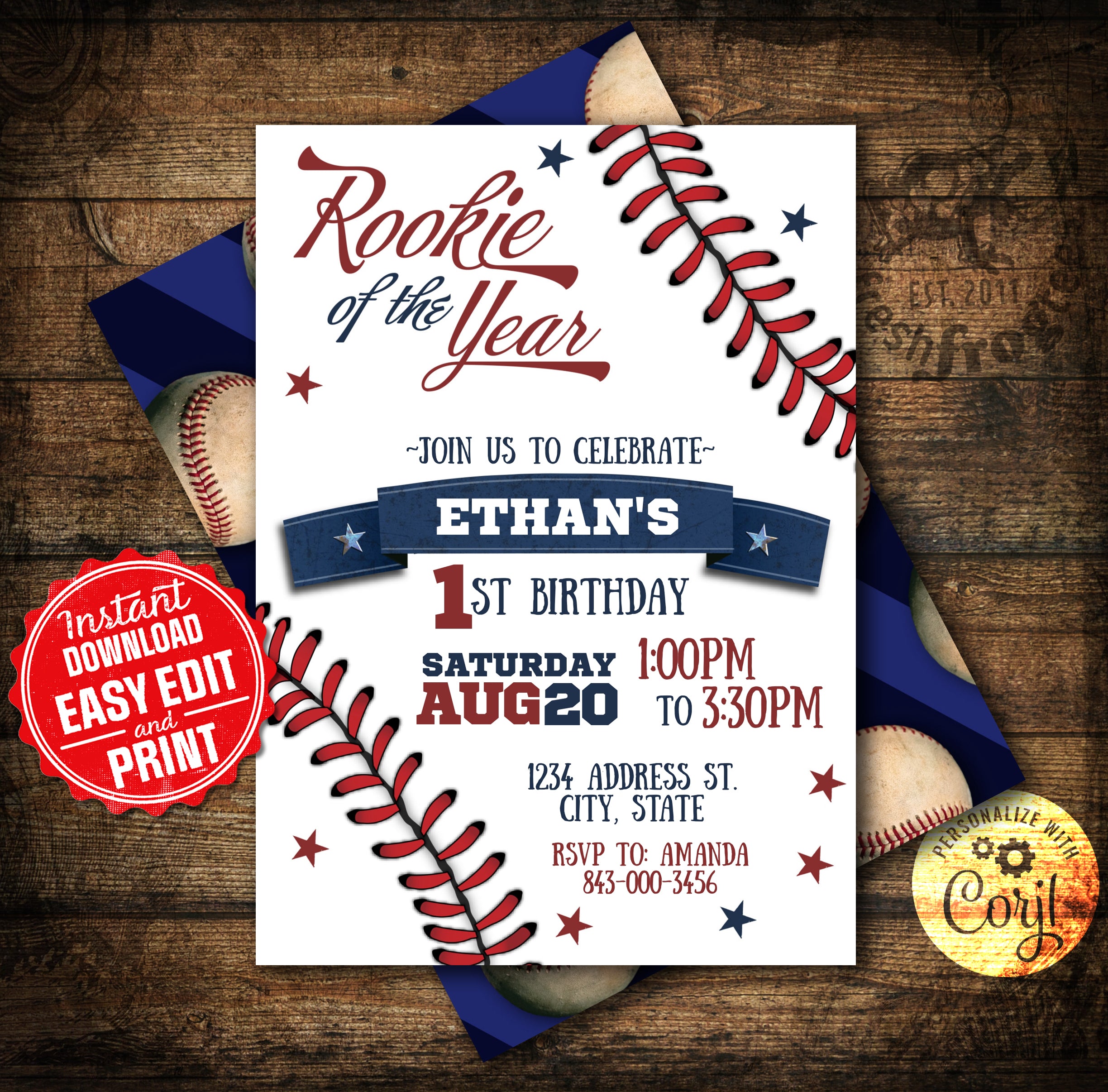 Baseball First Birthday Invitation  Rookie of the Year Invite – Wild Bloom  Design Studio