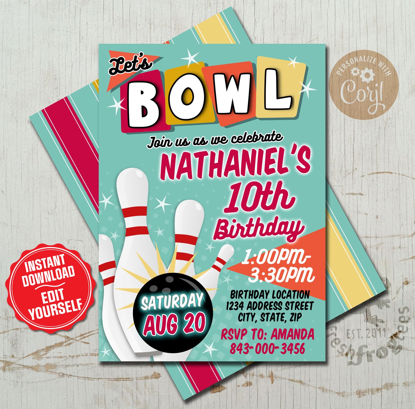 Bowling Birthday Invitation Template - Classic Vintage theme