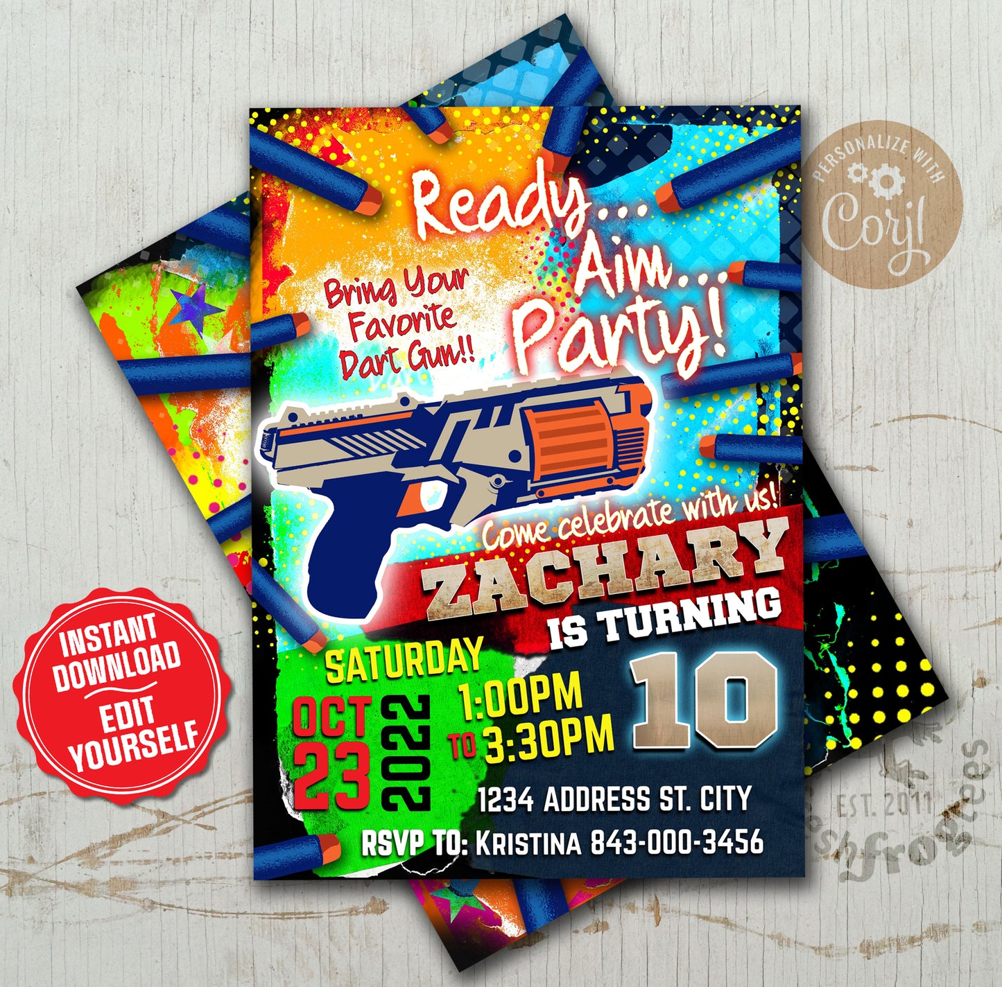 Dart gun birthday invitation editable digital invite - EASY EDIT!