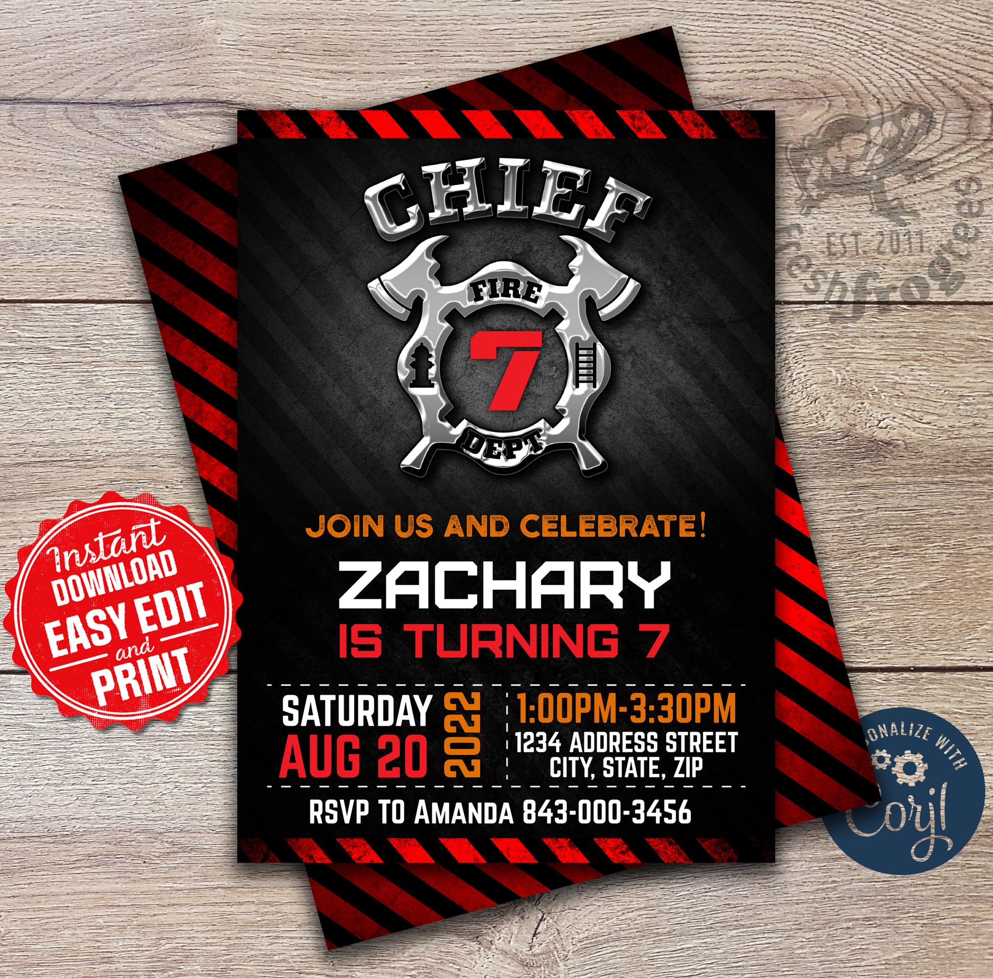 Customizable firefighter birthday party invitation template featuring a fire truck, flames, and firefighter graphics, perfect for a fun and adventurous kids' birthday celebration.