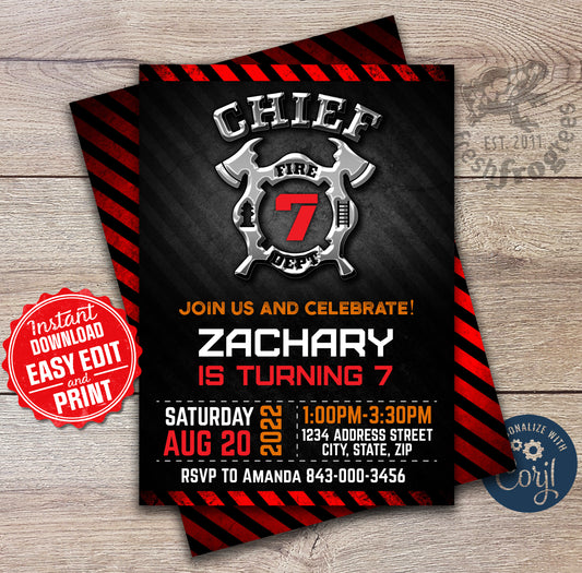 Customizable firefighter birthday party invitation template featuring a fire truck, flames, and firefighter graphics, perfect for a fun and adventurous kids' birthday celebration.
