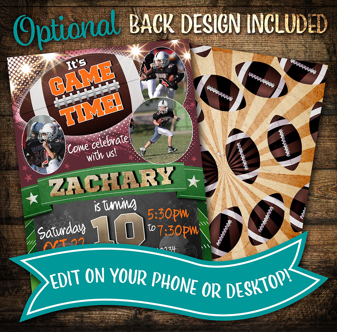 football birthday party invitation with custom photos and back design included
