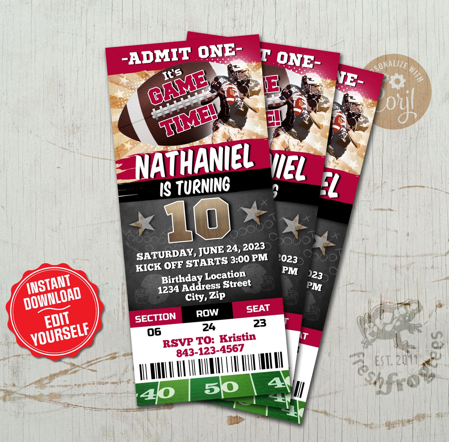 Football Birthday Party Ticket Invitation burgundy